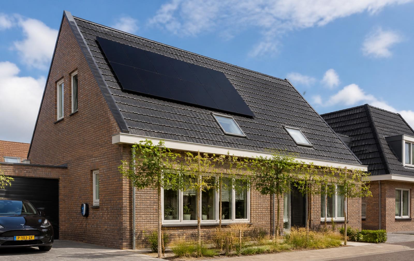 Full-black zonnepanelen op het dak van een Nederlandse woning met een elektrische auto op de oprit